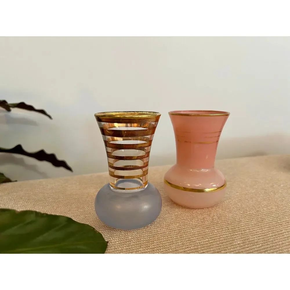 Vintage Glass Vases Pair Hollywood Regency Gold Stripe Pink Blue Mid Century
